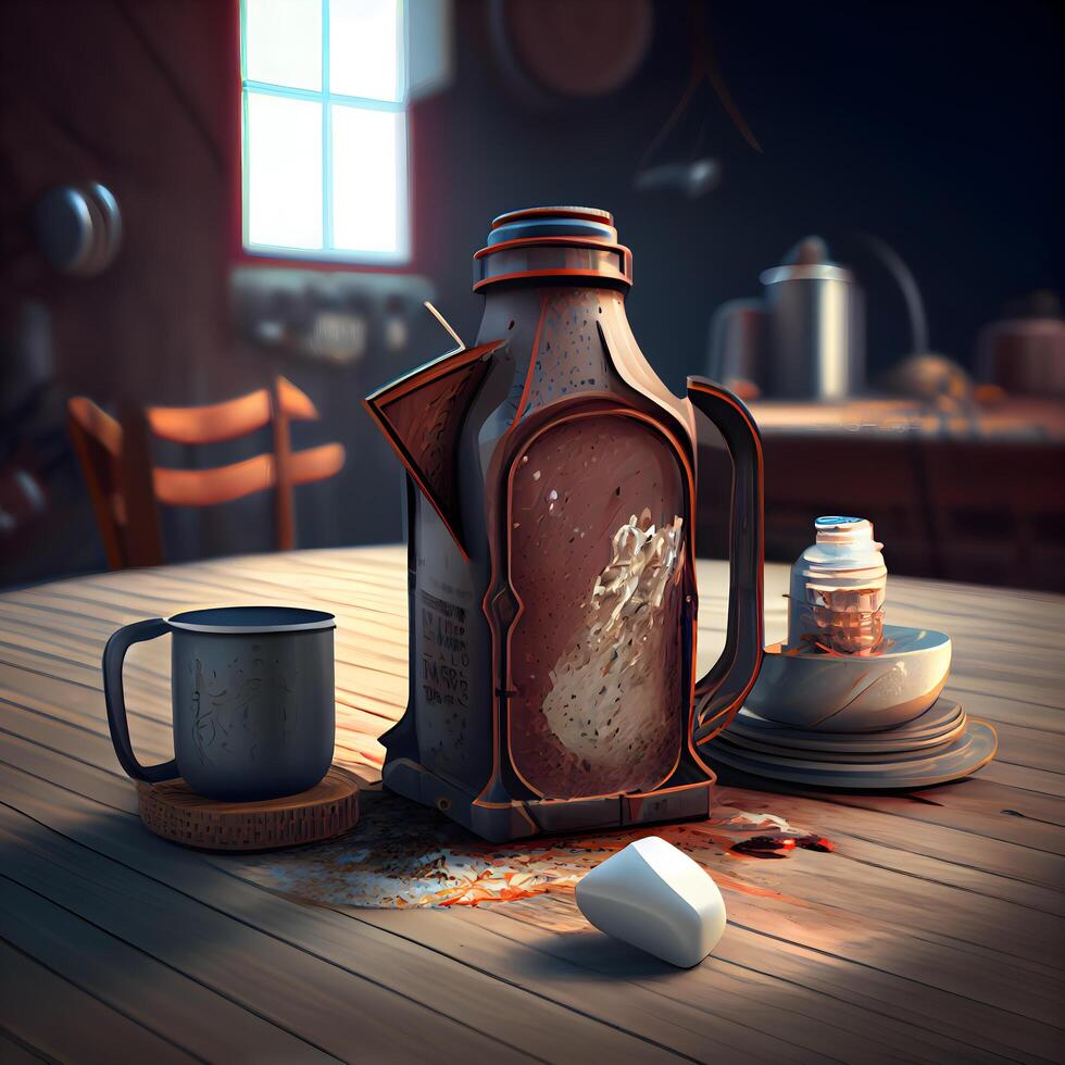 3d rendering of a vintage teapot on a wooden table, Image photo