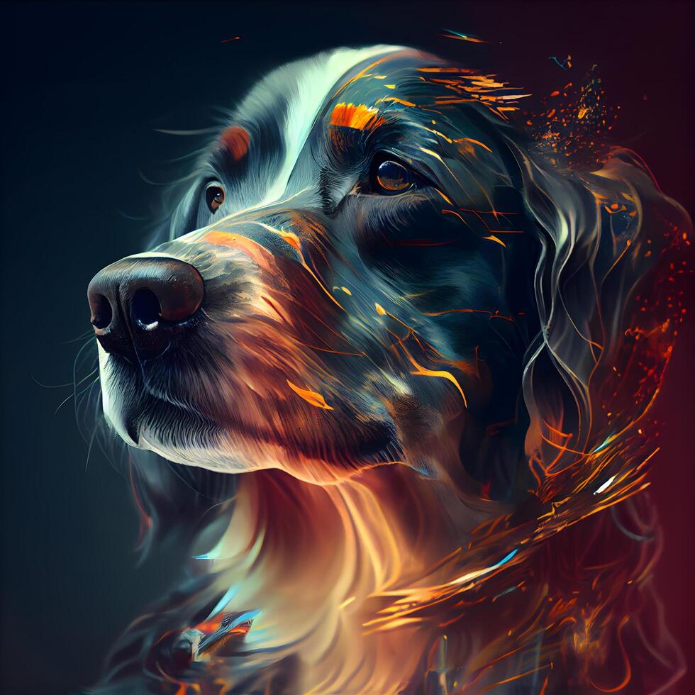 Digital painting of a dog with fire effect on the eyes and nose., Image photo