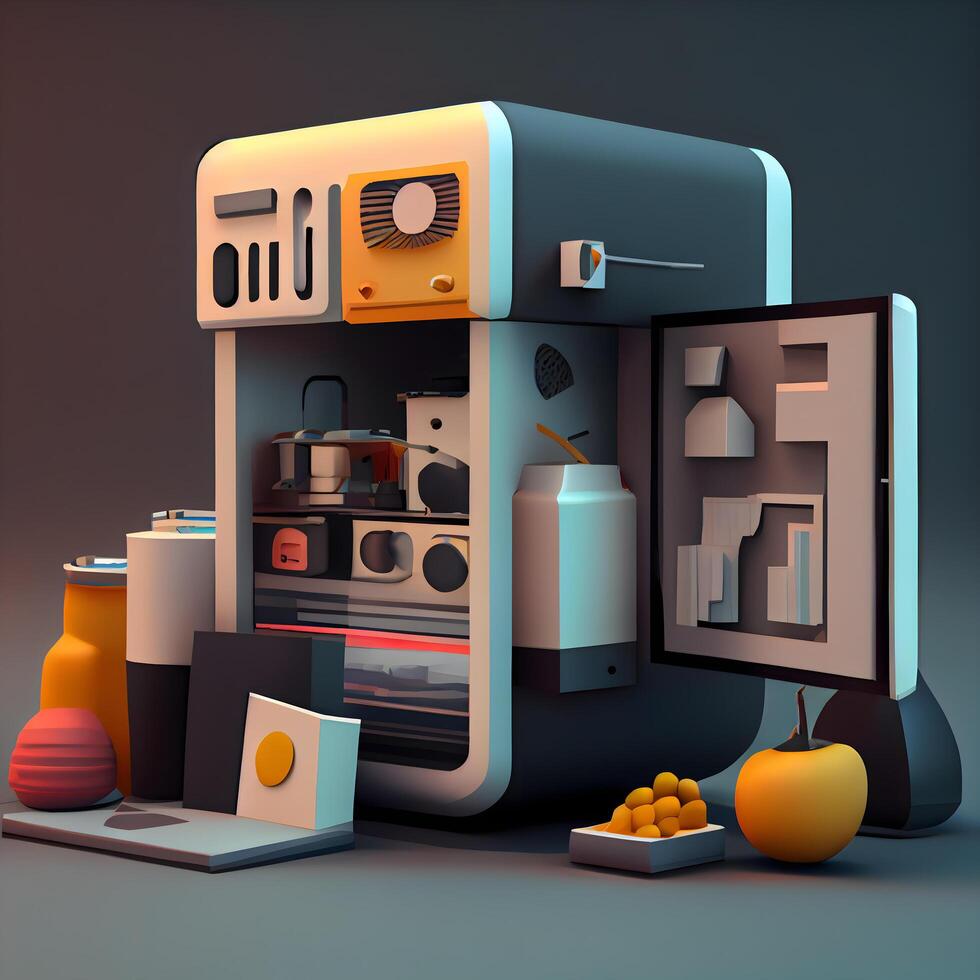 3d isometric illustration of an old machine. Retro style., Image photo