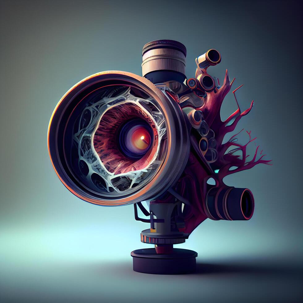 Vintage camera with lens and eye on a gray background. 3d illustration, Image photo