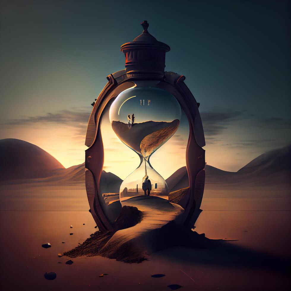 Time concept with sandglass and sand. 3d illustration. Vintage style., Image photo