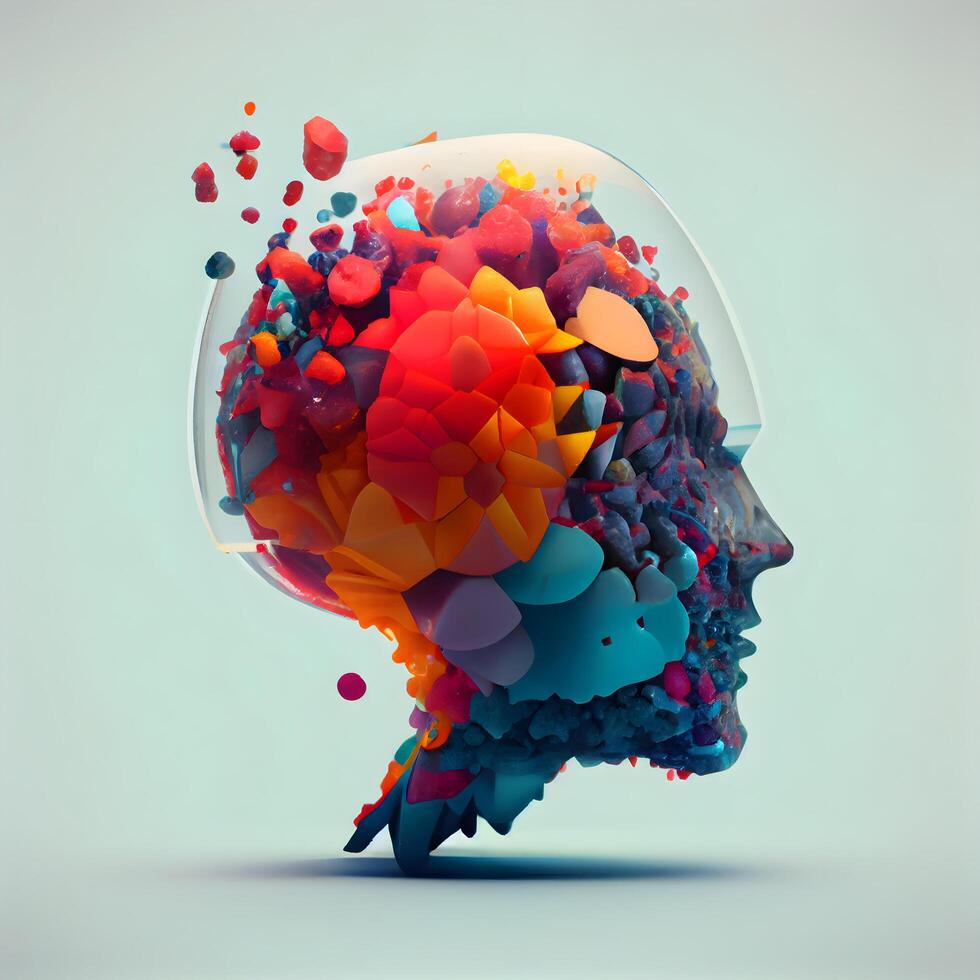 3d render of human head with abstract colorful paint splashes., Image photo