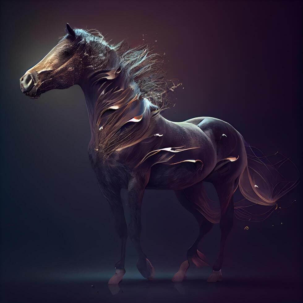 Fantasy black horse with black mane and tail. 3d rendering, Image photo