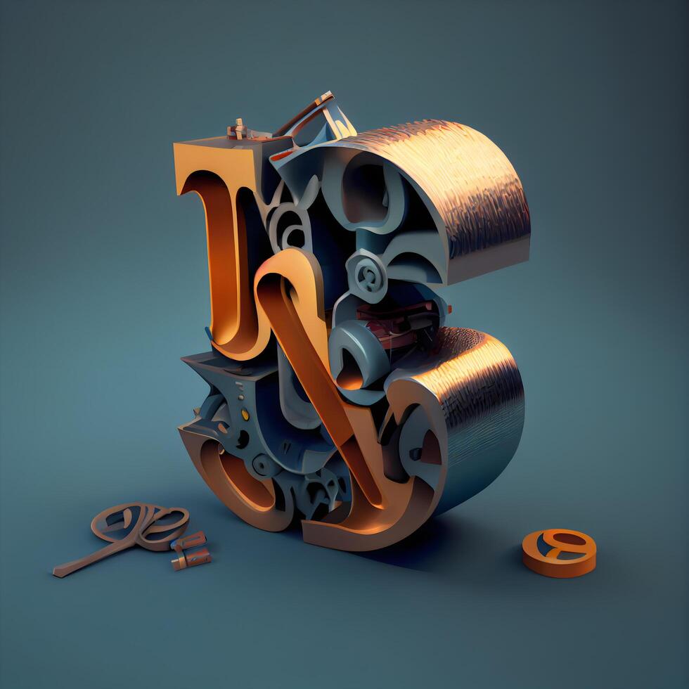 Mechanical alphabet made of metal on blue background. 3d illustration, Image photo