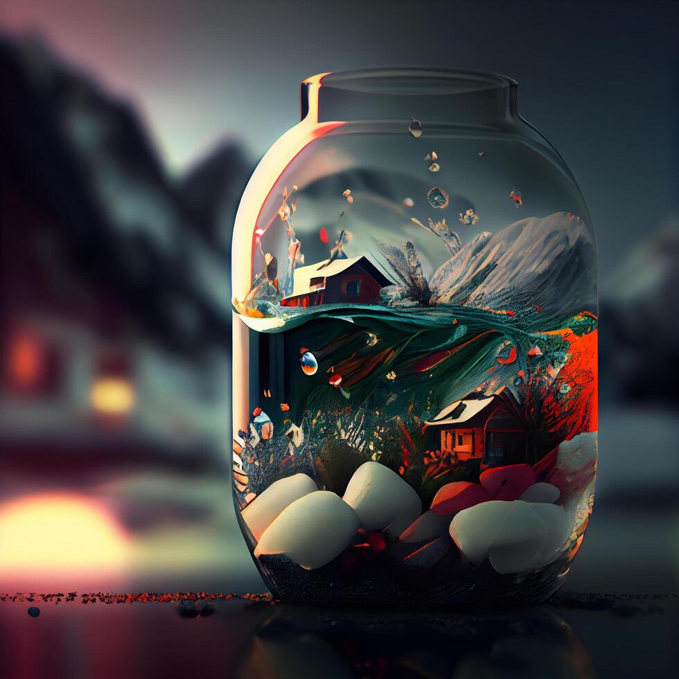 Little house in a glass jar with a heart inside. 3d rendering, Image photo