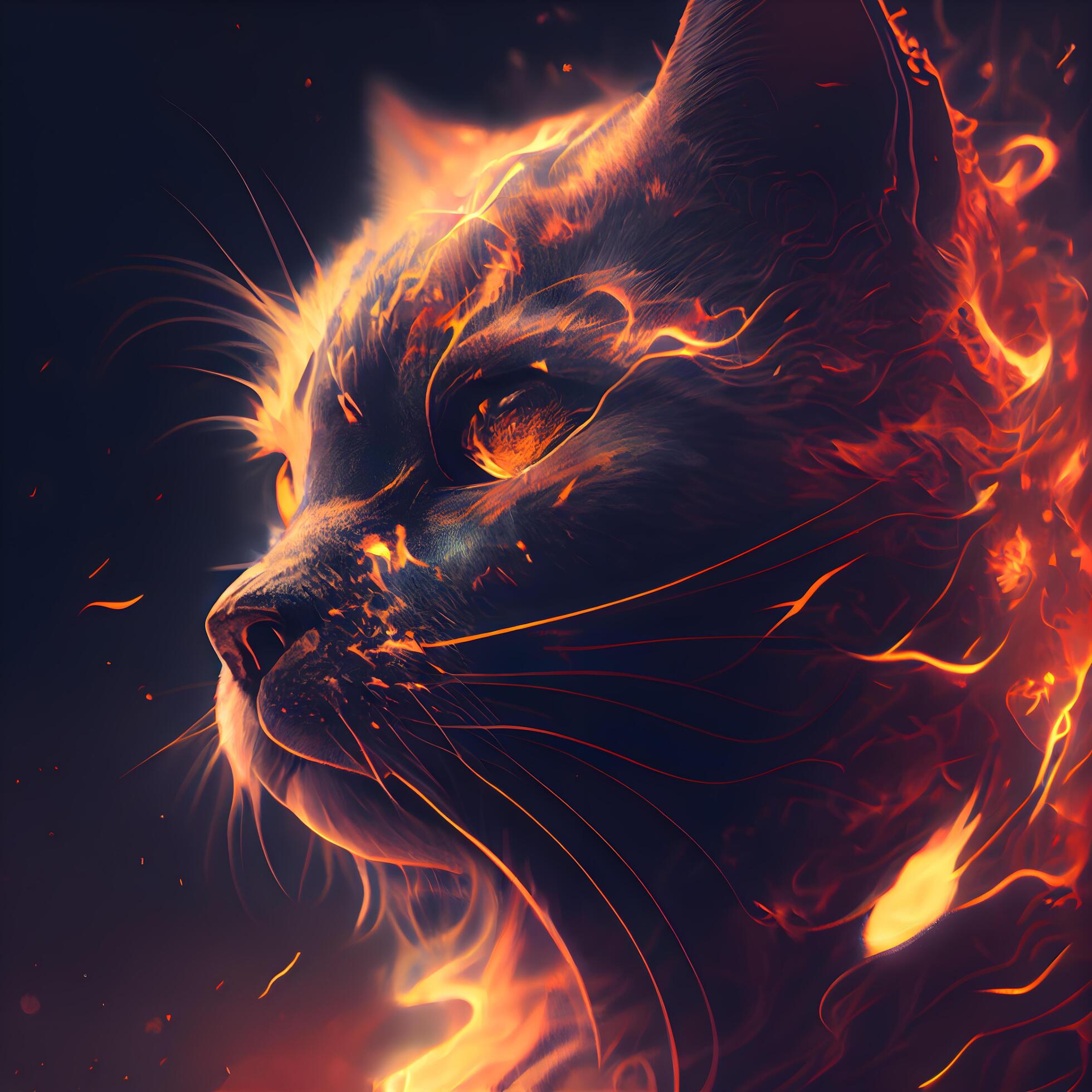 Fiery cat portrait with fire effect on dark background 3d rendering Fiery cat portrait with fire effect on dark background 3d rendering
