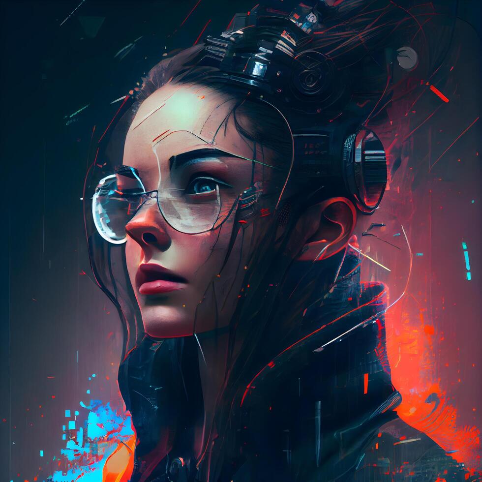 Futuristic portrait of a beautiful girl in futuristic glasses. 3d rendering., Image photo