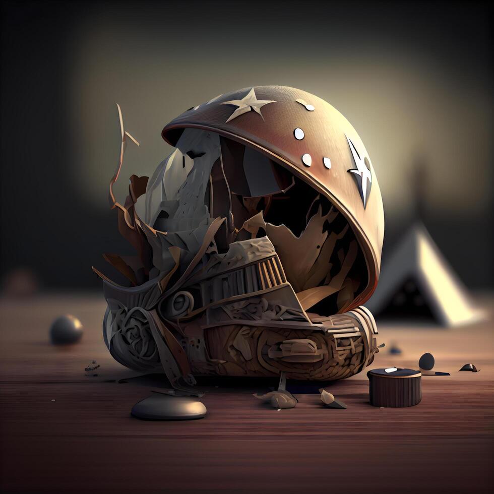 helmet and cupcake on a wooden table. 3d illustration, Image photo