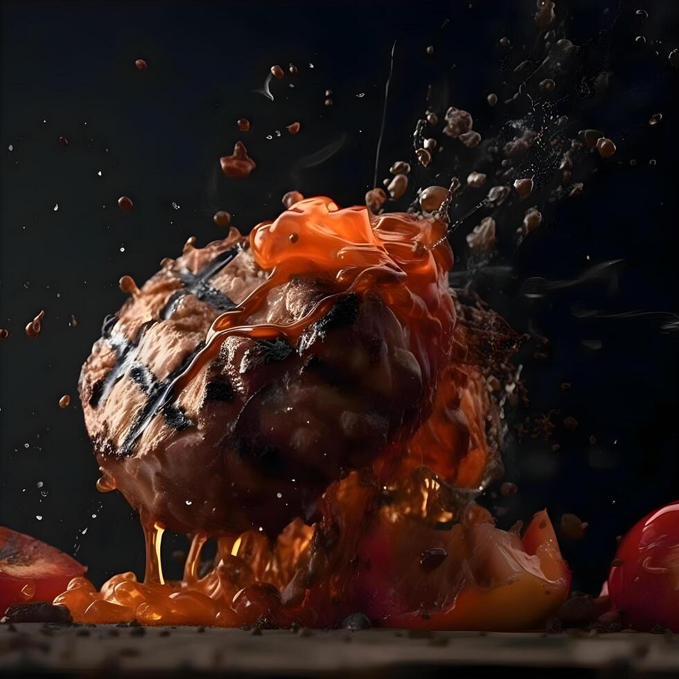 Baked pork in a frying pan on a dark background with fire, Image photo