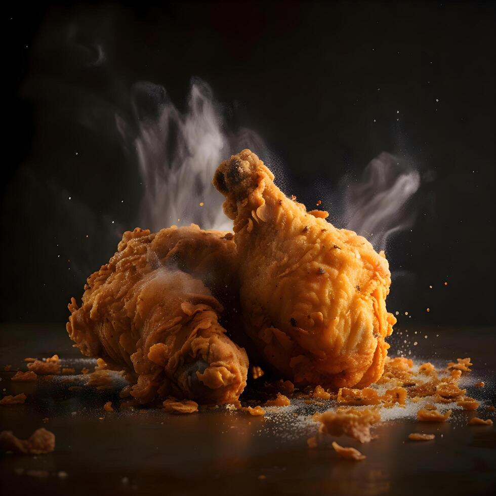 Fried chicken on a black background with splashes of water., Image photo