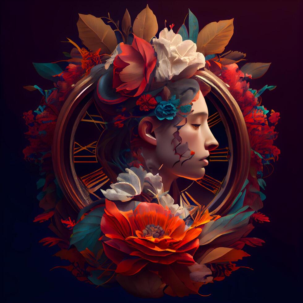 Beautiful woman face with floral wreath on dark background. 3d rendering, Image photo