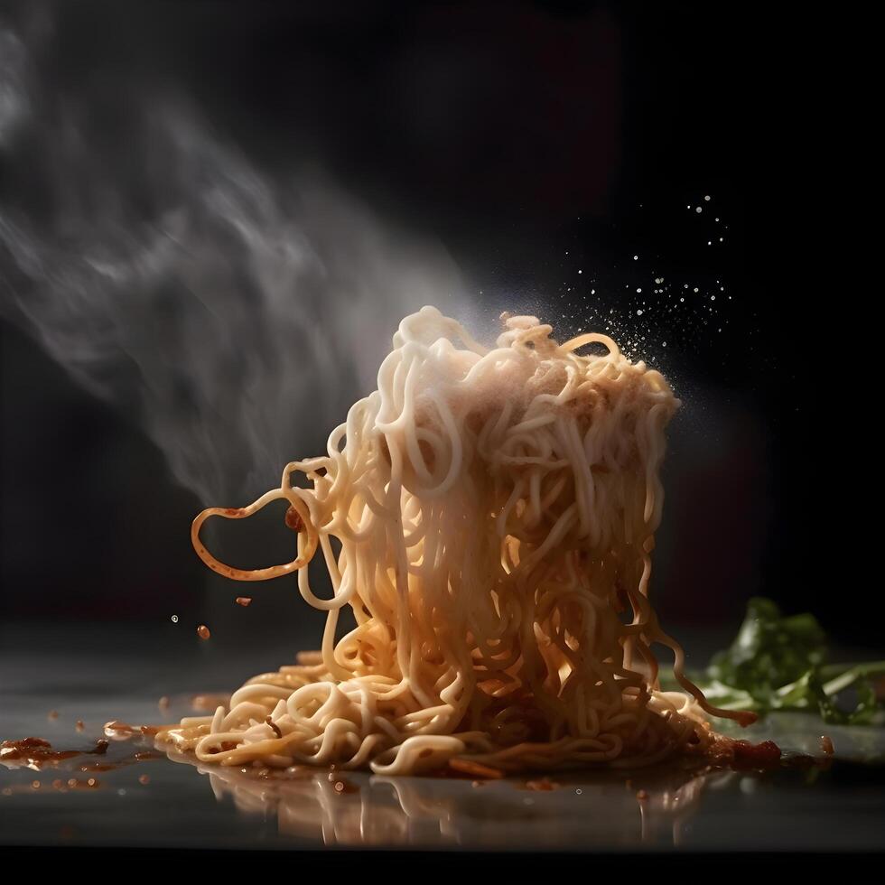 Noodles in a black plate with smoke on a black background, Image photo