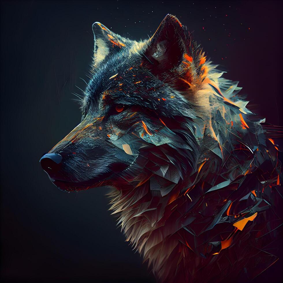 Illustration of a wolf with a fire effect on a dark background, Image photo