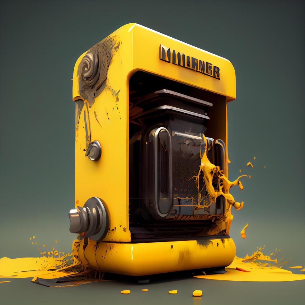 Old yellow coffee machine with spilled coffee 3d render on dark background, Image photo