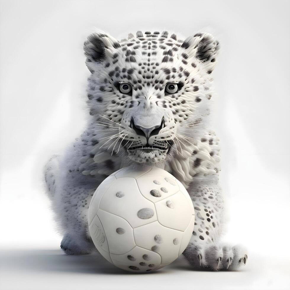 Snow leopard with a soccer ball on a white background. 3d illustration, Image photo
