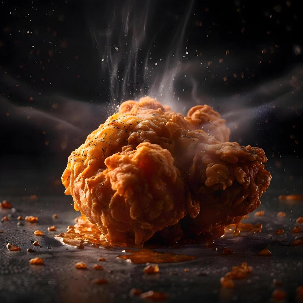 Fried chicken on a black background with smoke. Close-up., Image photo