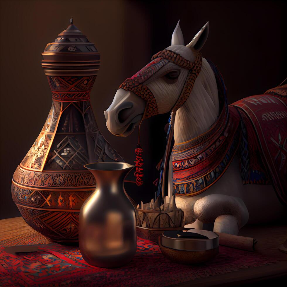 Horse and ancient egyptian pottery. 3D rendering, Image photo