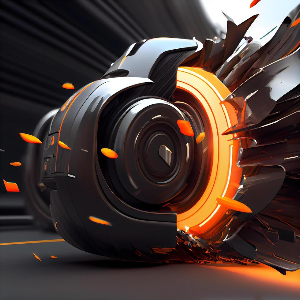 3d illustration of an abstract background with a futuristic speaker in orange and black, Image photo