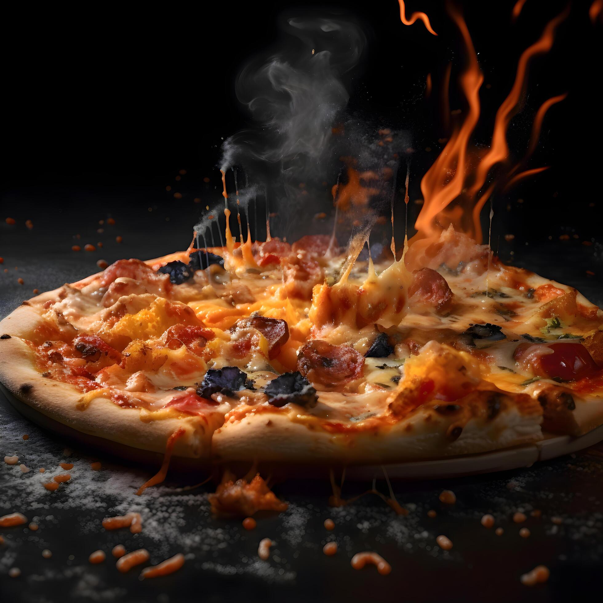 Pizza on a black background with flames and smoke. Close-up., Image