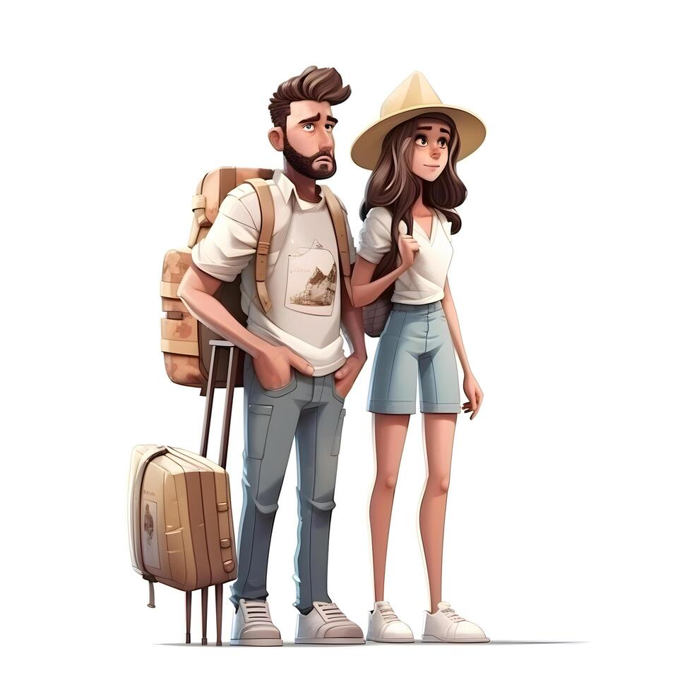 3d ilustración de un turista Pareja con mochilas y un mapa, ai generativo imagen foto