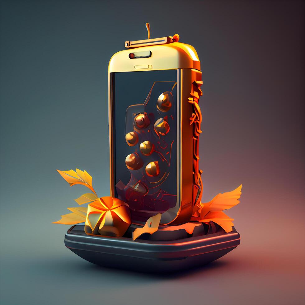 Modern mobile phone with gift box and autumn leaves. 3D rendering, Image photo