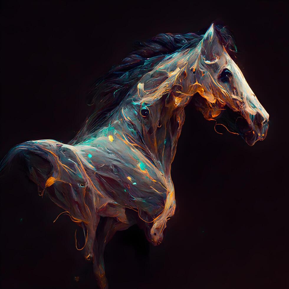 Horse head with abstract paint splashes on black background. Fantasy painting., Image photo