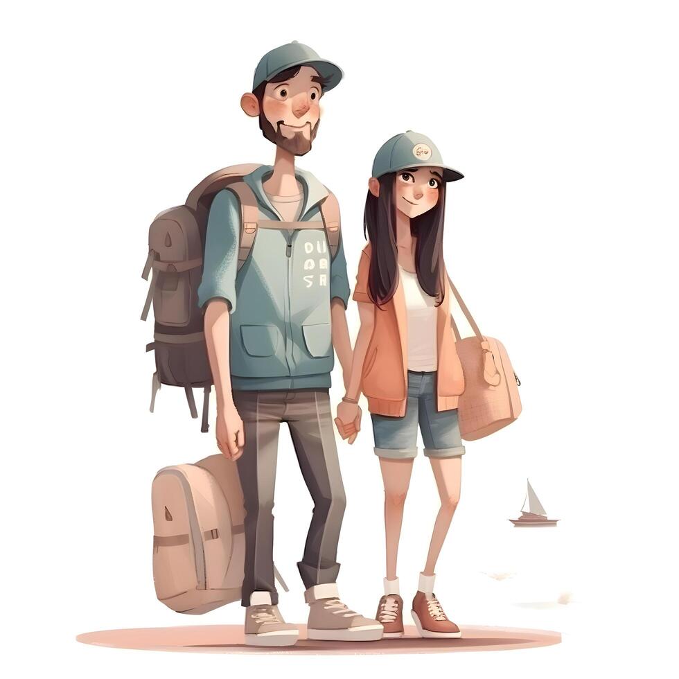 3d ilustración de un turista Pareja con equipaje aislado en blanco fondo, ai generativo imagen foto