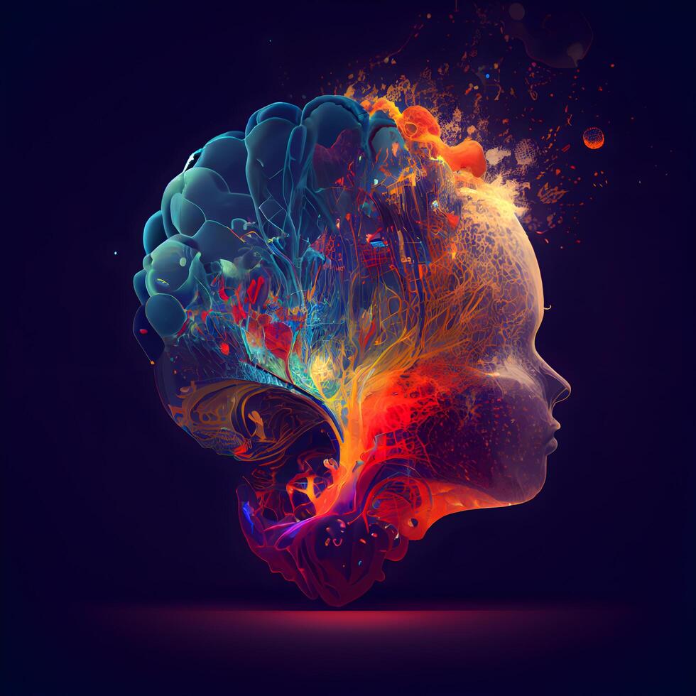 Human head with brain made of colorful smoke. 3d illustration., Image photo