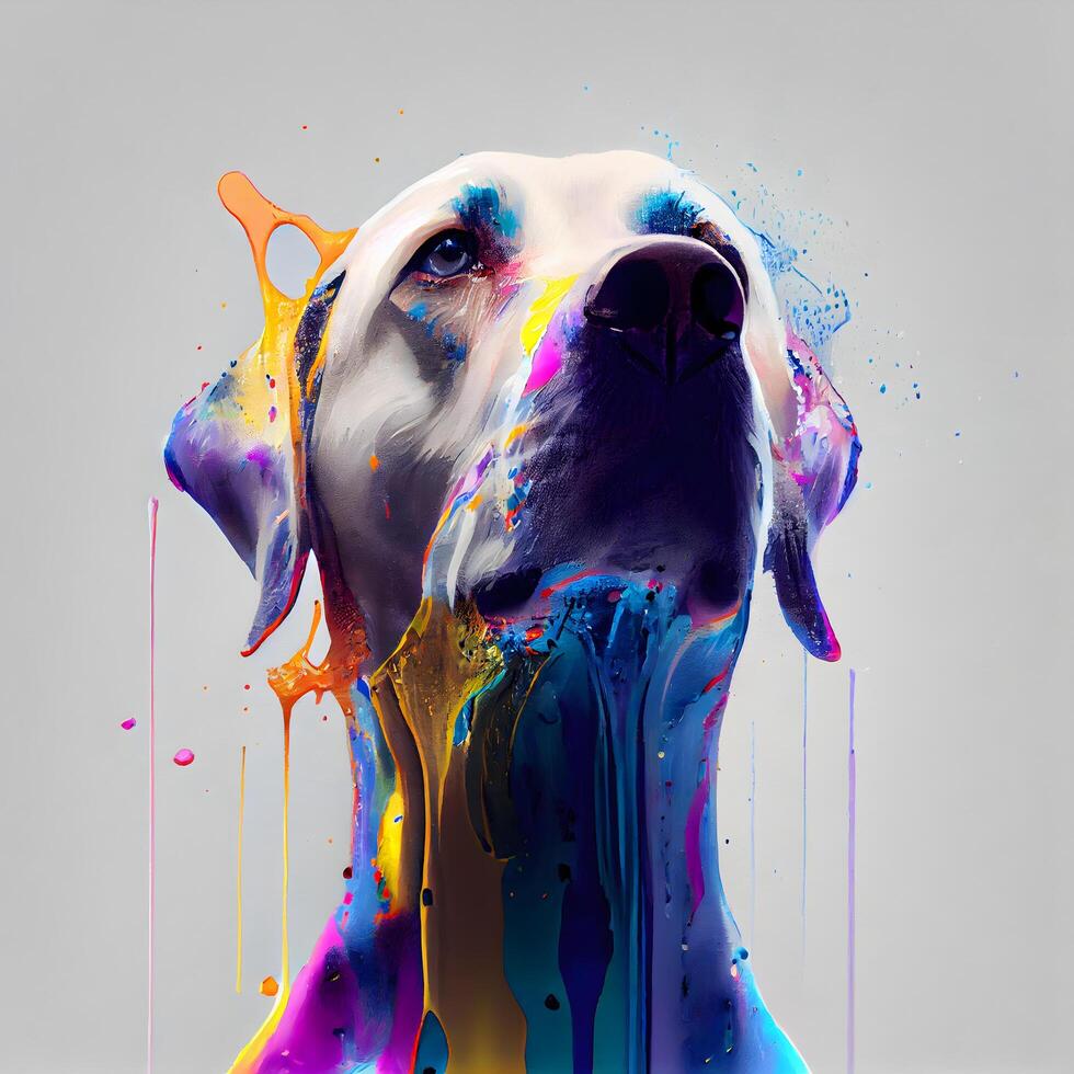 vistoso retrato de un perro con pintar salpicaduras en un gris fondo, ai generativo imagen foto