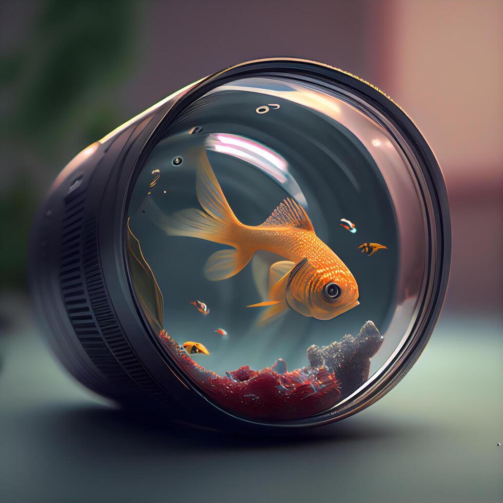 Goldfish in a glass aquarium. 3D illustration. Lens focus., Image photo