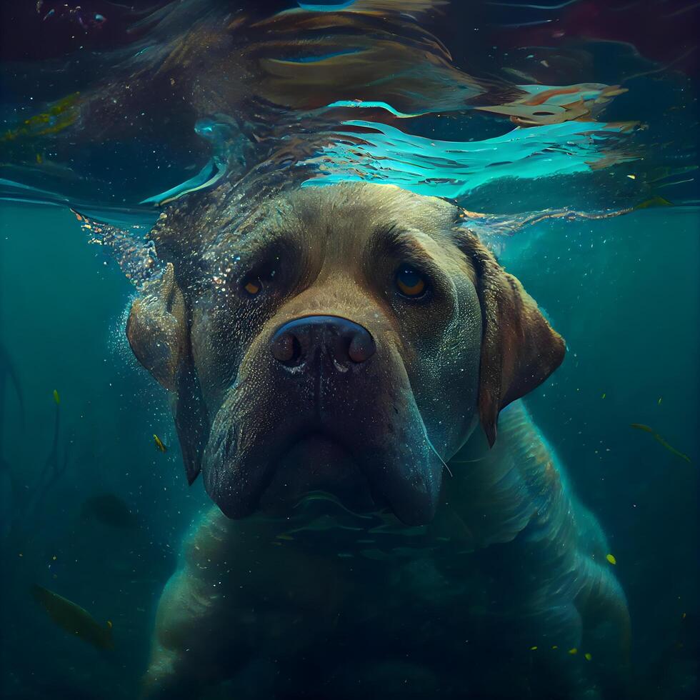 Dogue de Bordeaux swimming underwater in deep blue ocean., Image photo