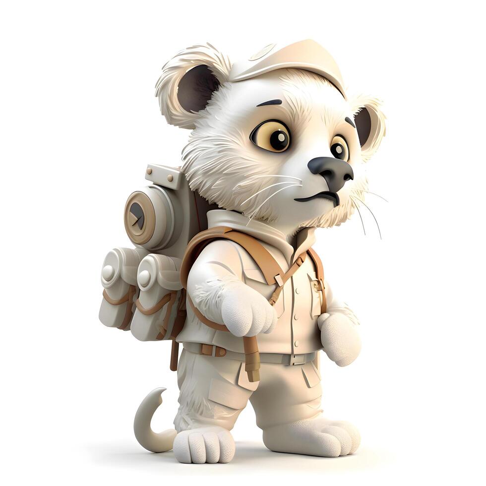 3D rendering of a cute white tiger with a backpack on a white background, Image photo