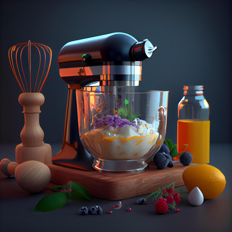 licuadora con ingredientes para haciendo batidos 3d ilustración., ai generativo imagen foto