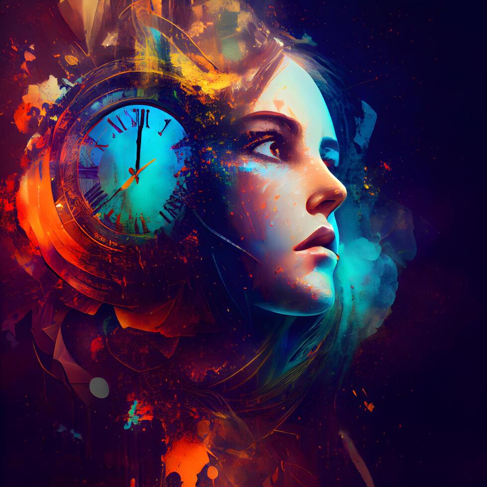 Beautiful woman face with clock. Colorful background. Digital collage., Image photo