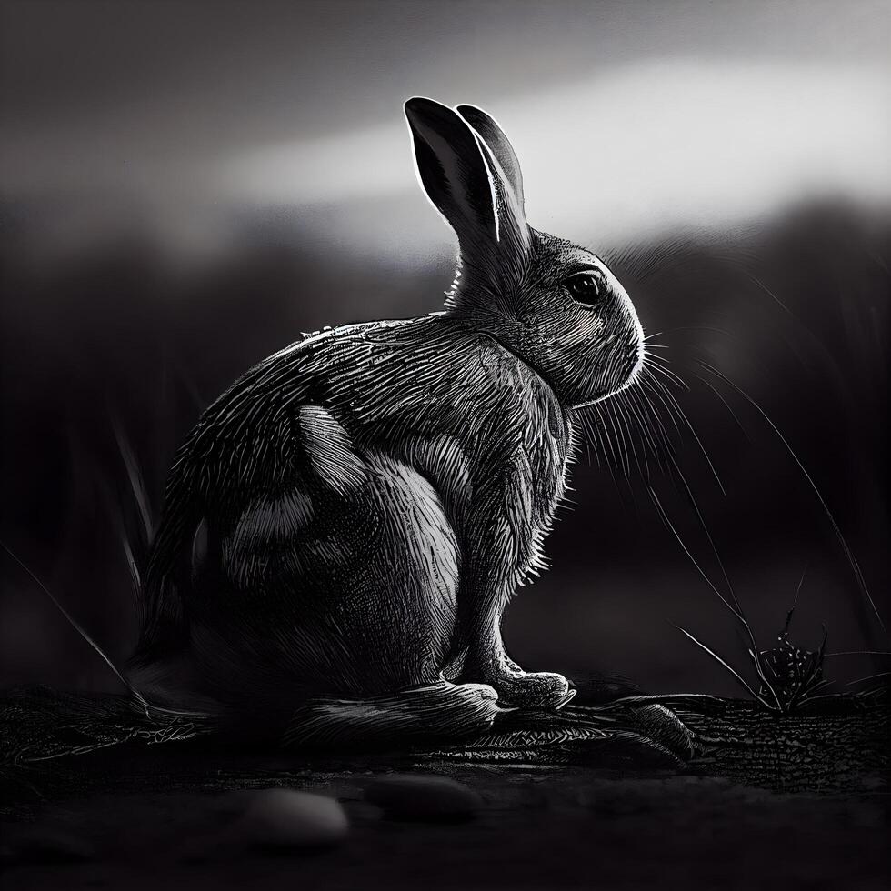 Rabbit sitting on the ground, black and white image. Easter concept., Image photo