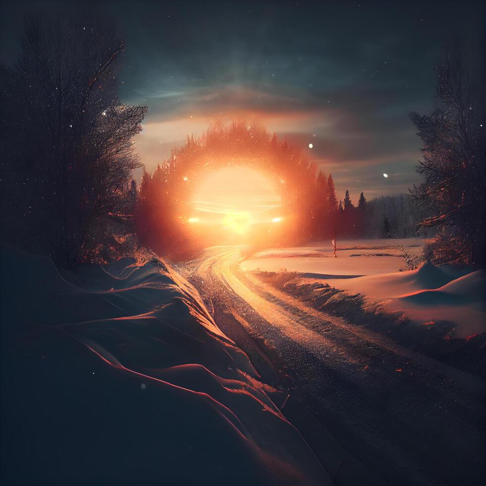invierno paisaje con la carretera y arboles a puesta de sol. 3d ilustración., ai generativo imagen foto