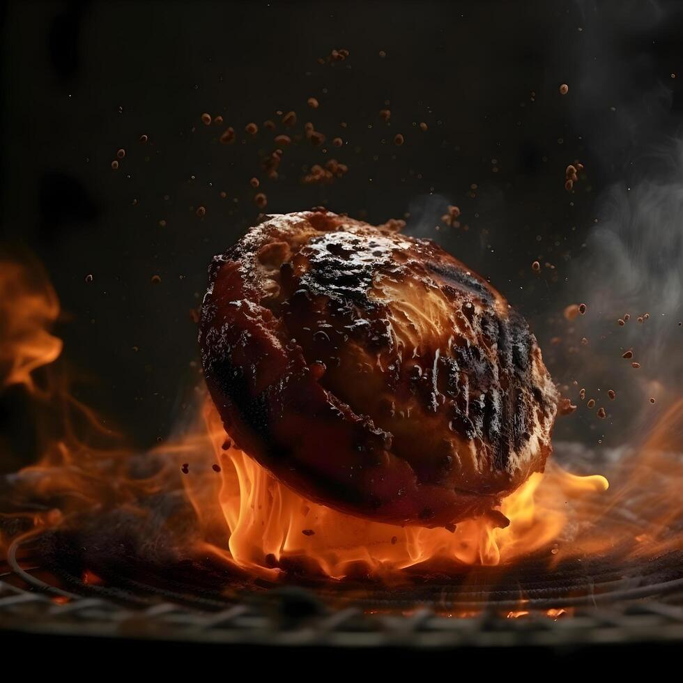Cocinando hamburguesa con fuego y llamas en un negro fondo., ai generativo imagen foto