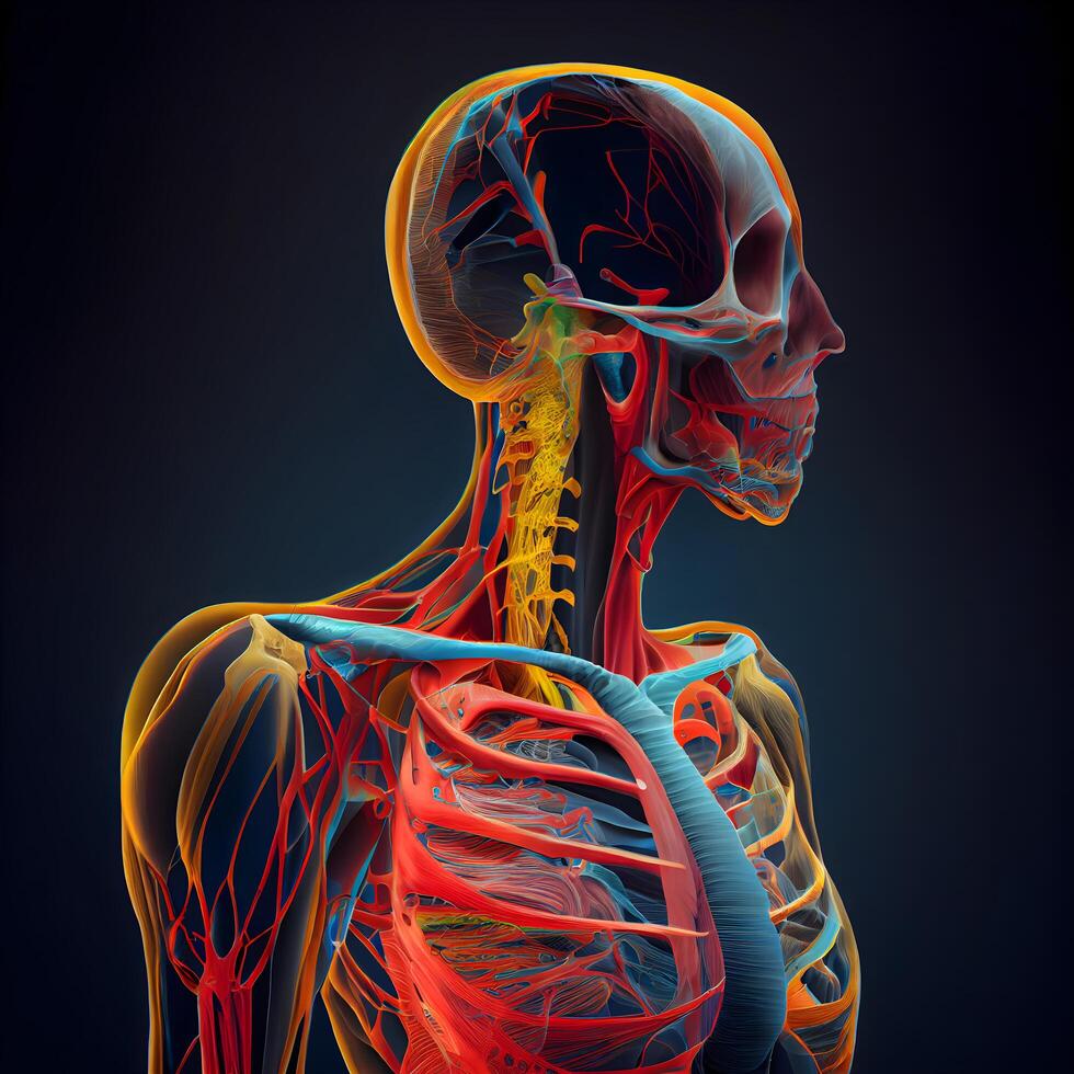 Human skeleton anatomy with blood vessels on dark background. 3D illustration, Image photo