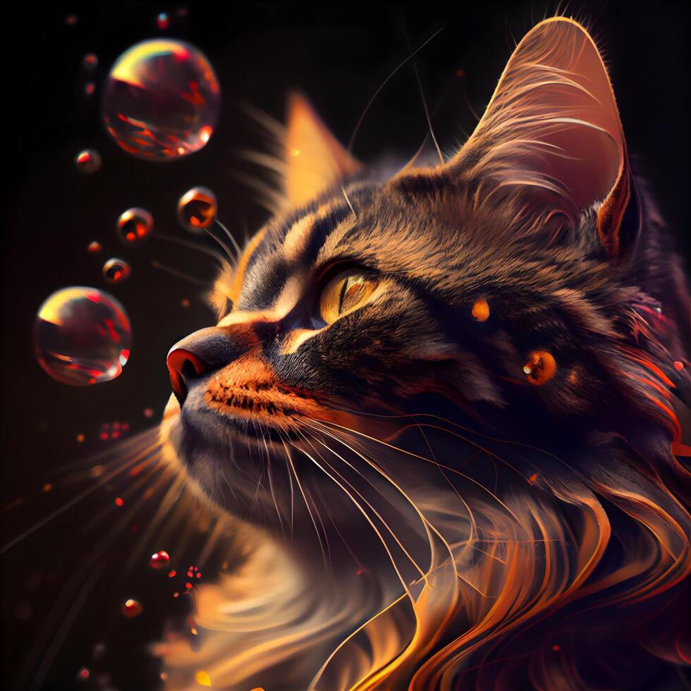 fantasía ilustración de un gato con fuego y burbujas en un negro fondo., ai generativo imagen foto
