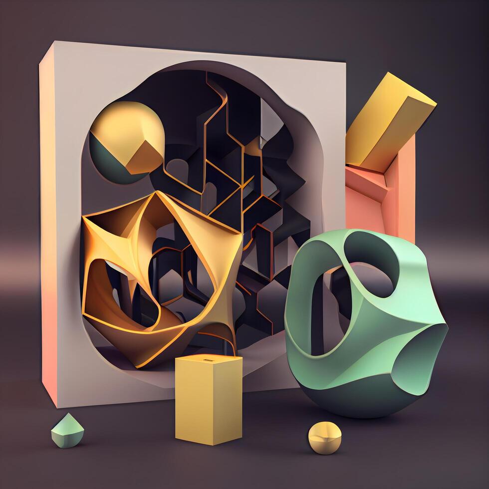 3d illustration of abstract geometric shapes in black and gold colors., Image photo