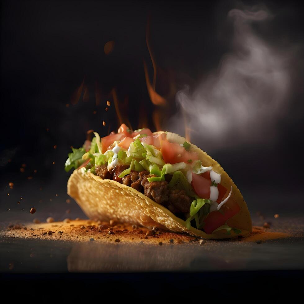 tacos with meat and vegetables on a black background with smoke, Image photo