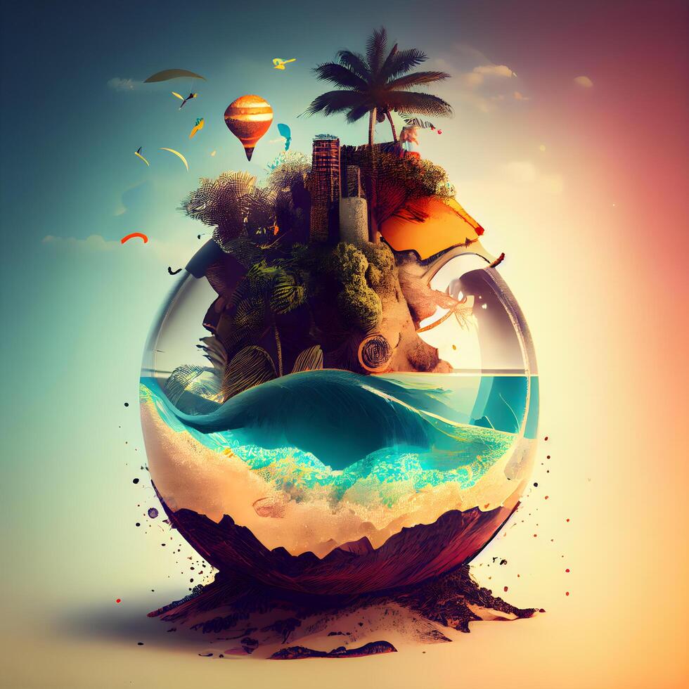 vacaciones y viaje concepto. tropical isla en un vaso pelota., ai generativo imagen foto