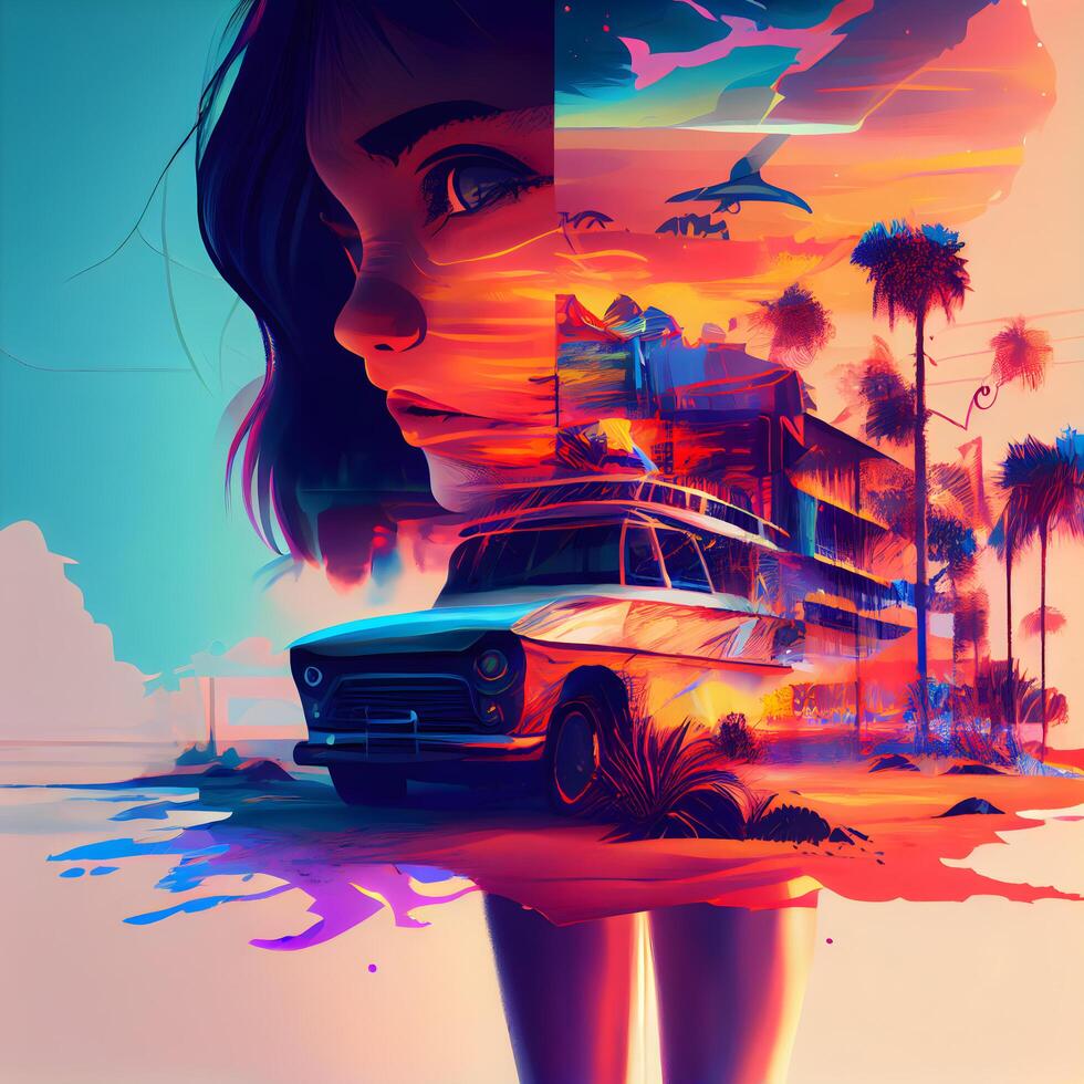 ilustración de un hermosa niña con un coche en el fondo., ai generativo imagen foto