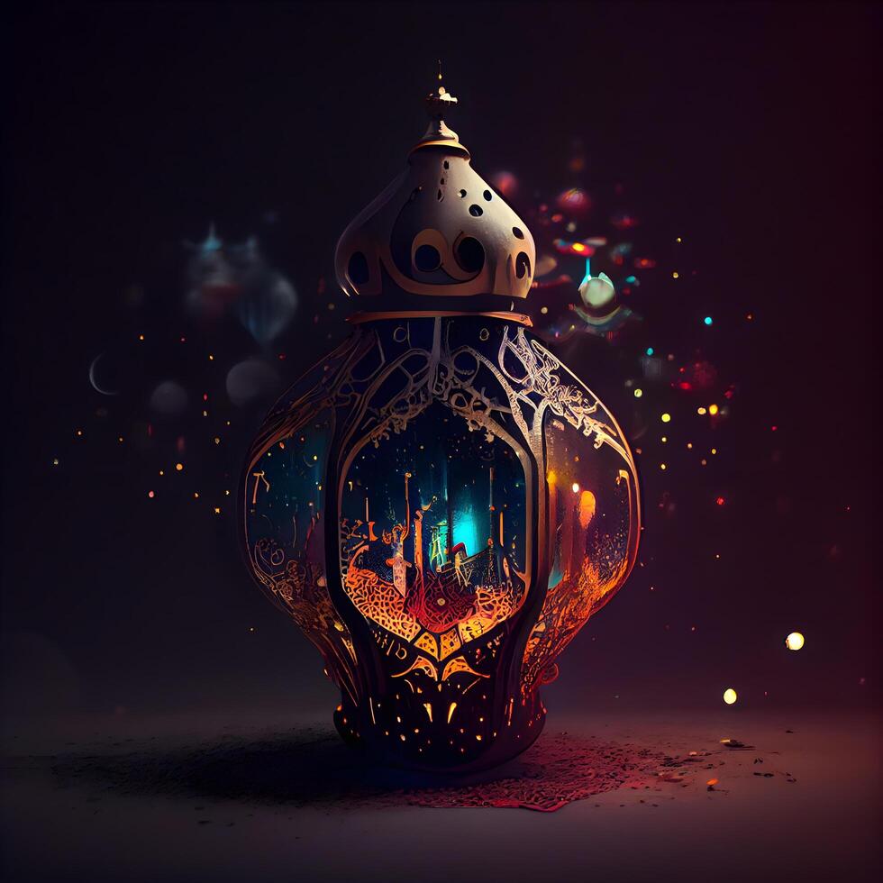 Ramadan Kareem greeting card with arabic lantern on black background, Image photo