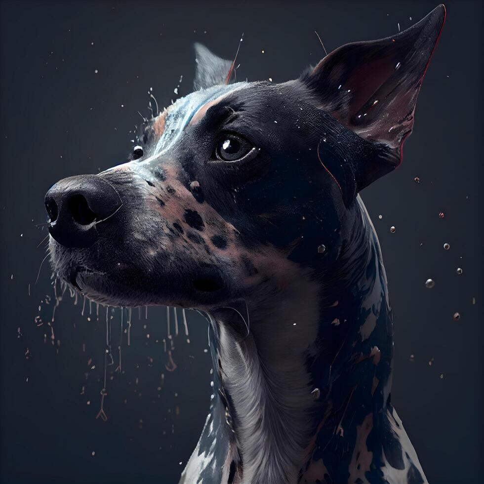 Portrait of a dog with splashes of water on a black background, Image photo