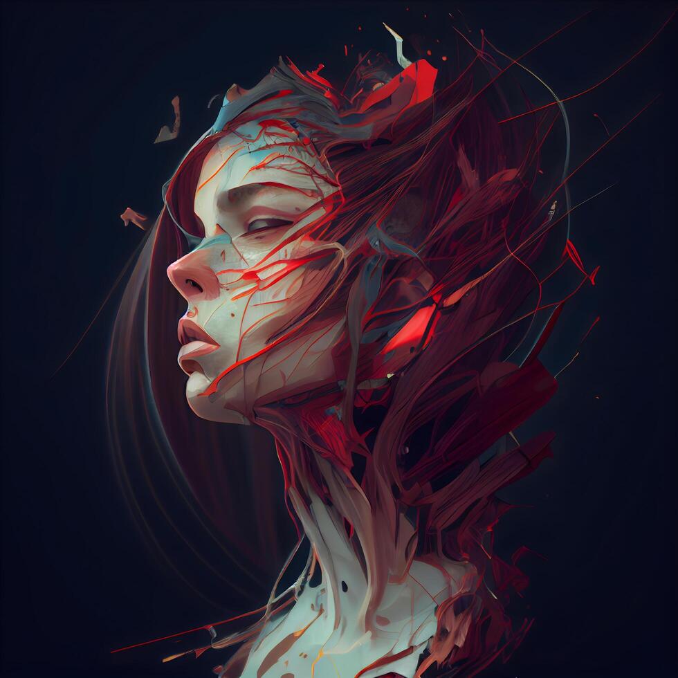 3d rendering of a female face with blood flowing from her head, Image photo