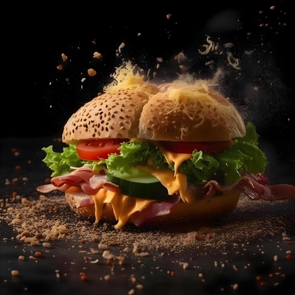 Sandwich with bacon, cheese, tomato and lettuce on a dark background, Image photo