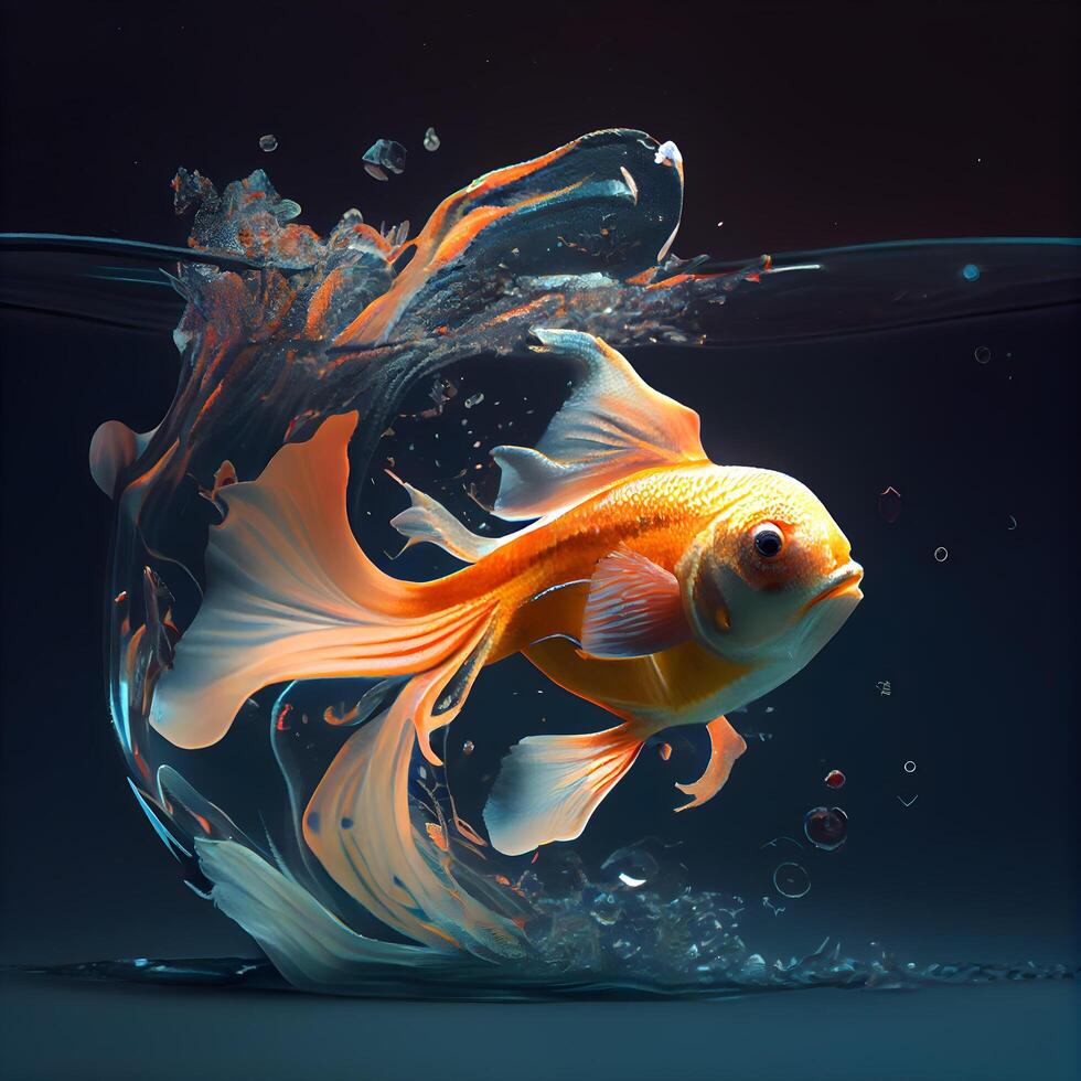 Goldfish in water. 3d illustration. Isolated on black background., Image photo