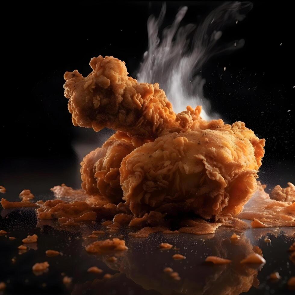 Fried chicken with smoke over dark background. Shallow depth of field, Image photo