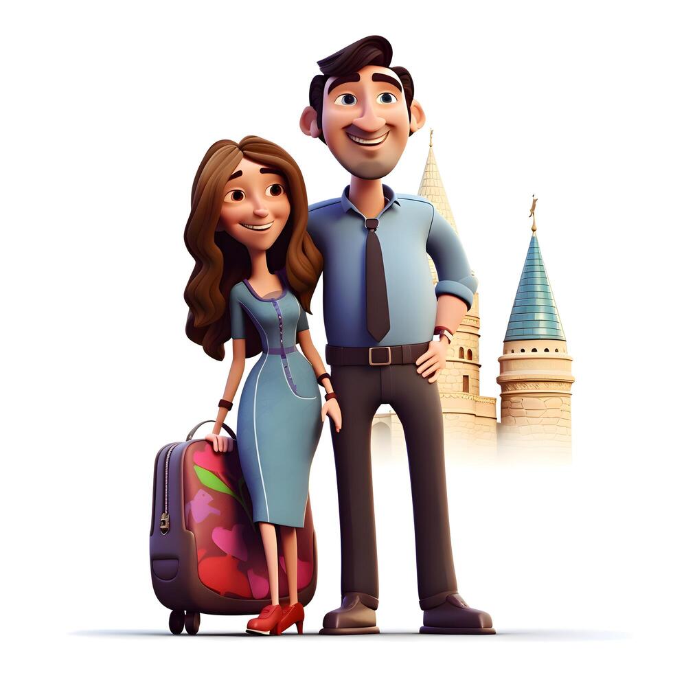 3D illustration of a cute little girl and boy with a suitcase, Image photo